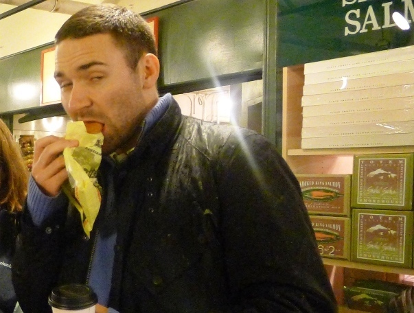 Tony's epic O-Face while biting into his first-ever piroshki in Seattle