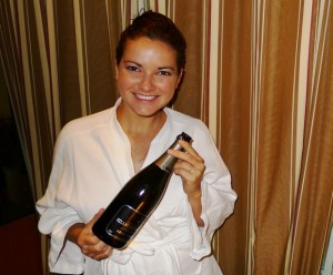 Love enjoying some complementary bubbly in my robe and slippies!