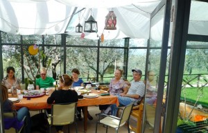 Relaxing in the greenhouse with some delicious food to fill our bellies