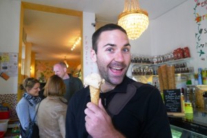 Tony with his ice cream is a happy man!